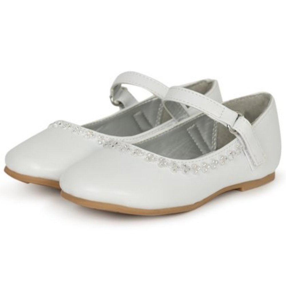 Little Girls Round Toe Rhinestone Mary Jane Rhinestone Ballet Flat - White PU